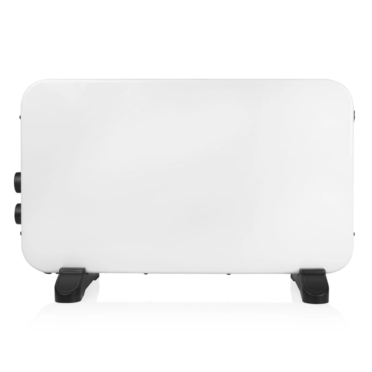 Biały grzejnik z dwoma czarnymi kontrolkami. Białe tło.