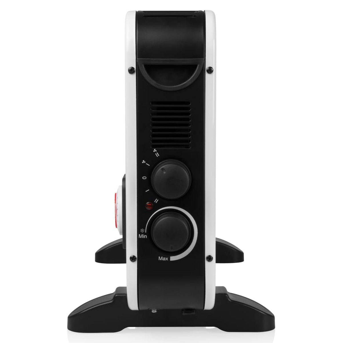 Biało-czarny grzejnik elektryczny z pokrętłami sterowania.