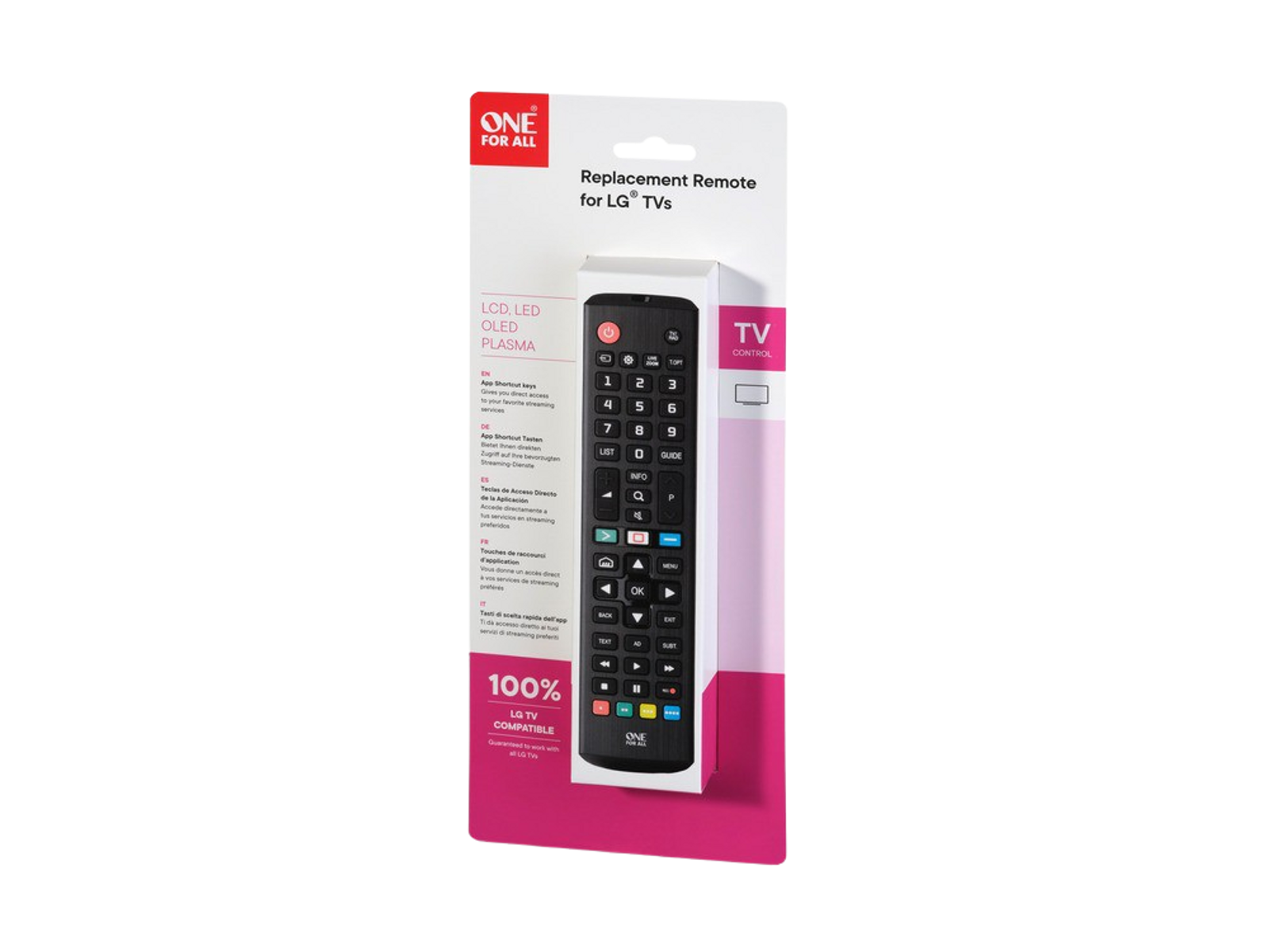 Package of a replacement remote for LG TVs. The remote is shown in the center. Pink background.