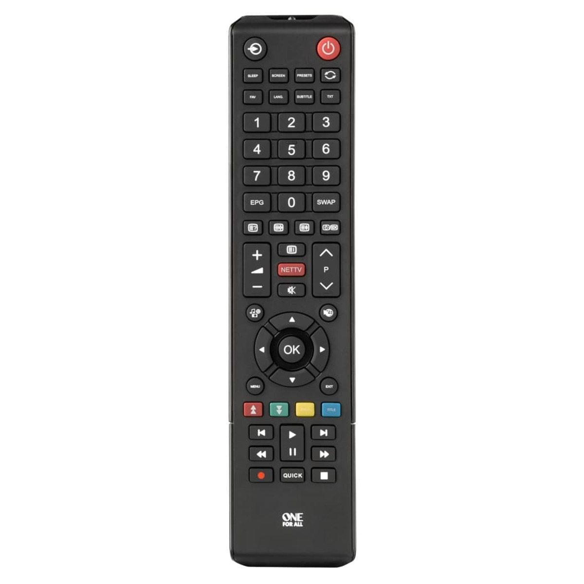 Czarny pilot z wieloma przyciskami do telewizora.