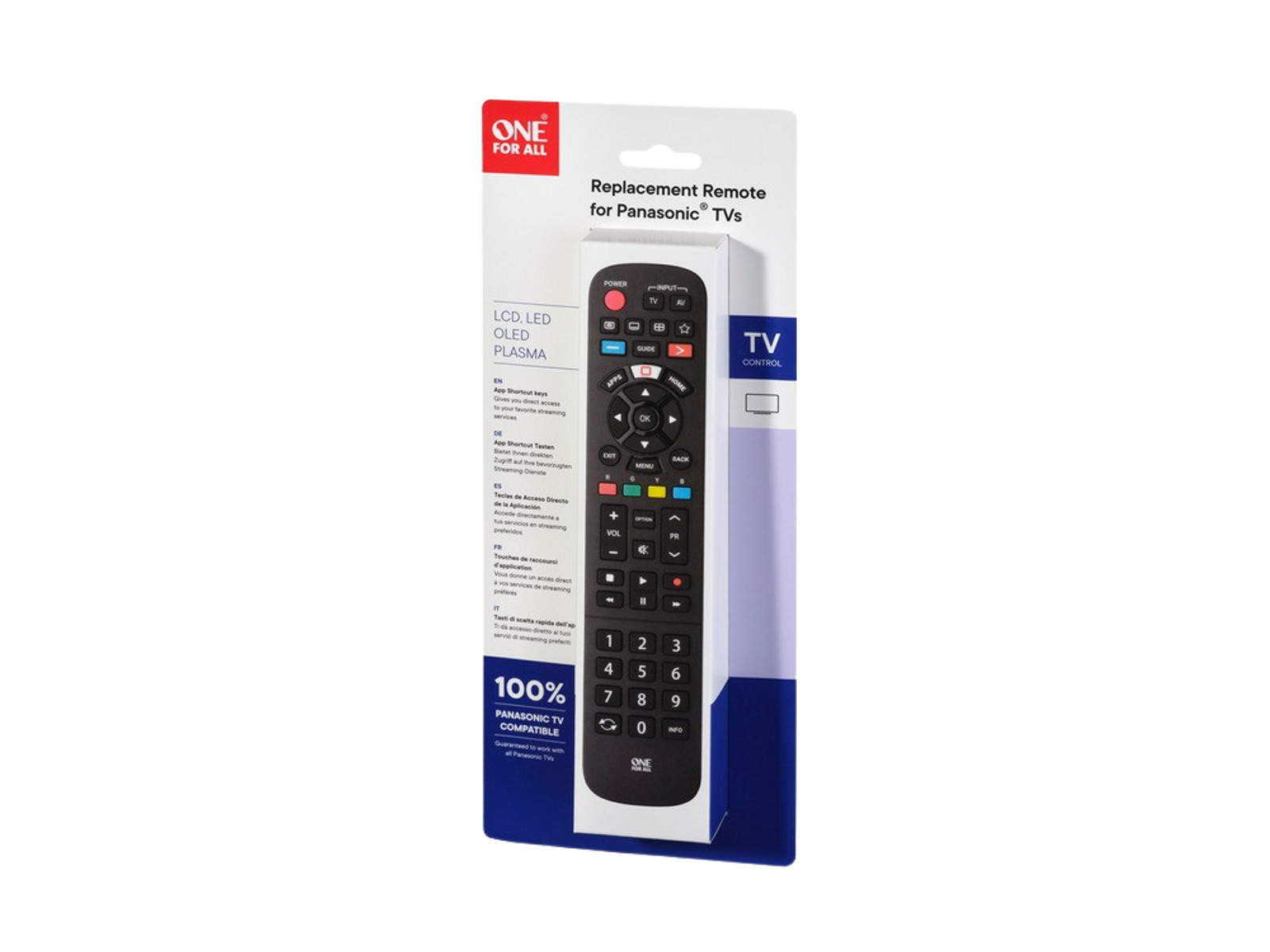 Telecomando per TV Panasonic. Telecomando nero con più pulsanti, confezionato in plastica trasparente.
