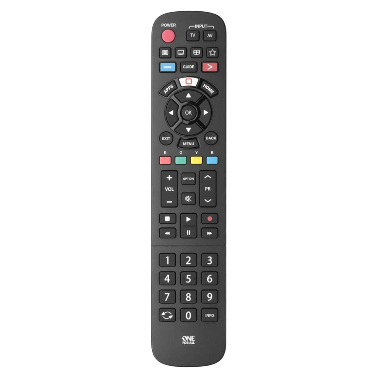 Telecomando nero con vari pulsanti. Contrassegnato con power, apps, home, ecc.