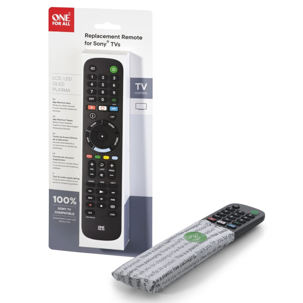 A remote control and its packaging, with text in multiple languages, lying on a surface.