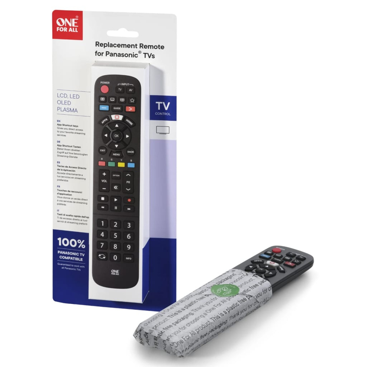 A replacement remote for Panasonic TVs, with packaging.