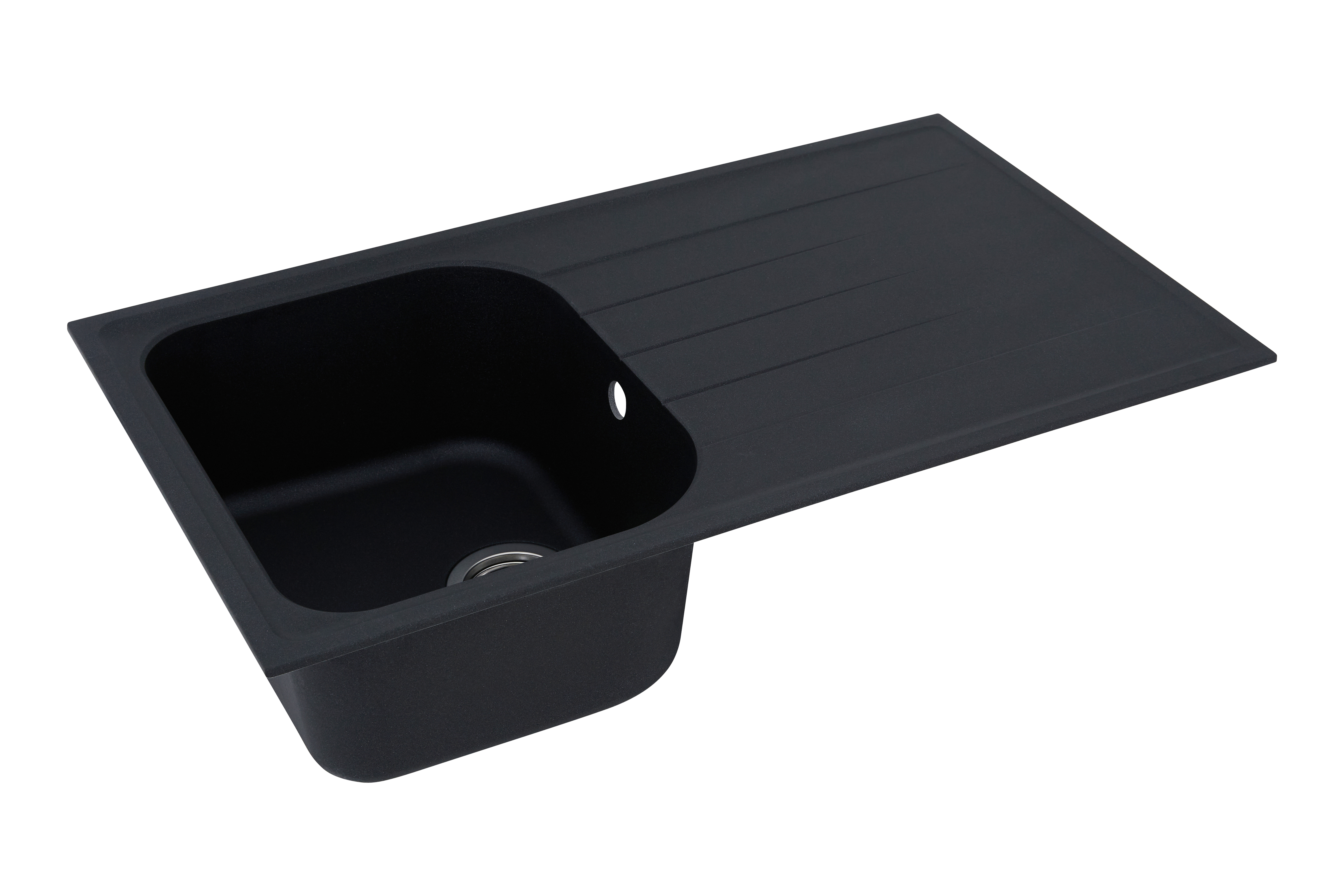Schwarzes Küchenbecken, Einzelbecken, mit Abtropffläche. Weißer Hintergrund, isolierte Produktaufnahme.