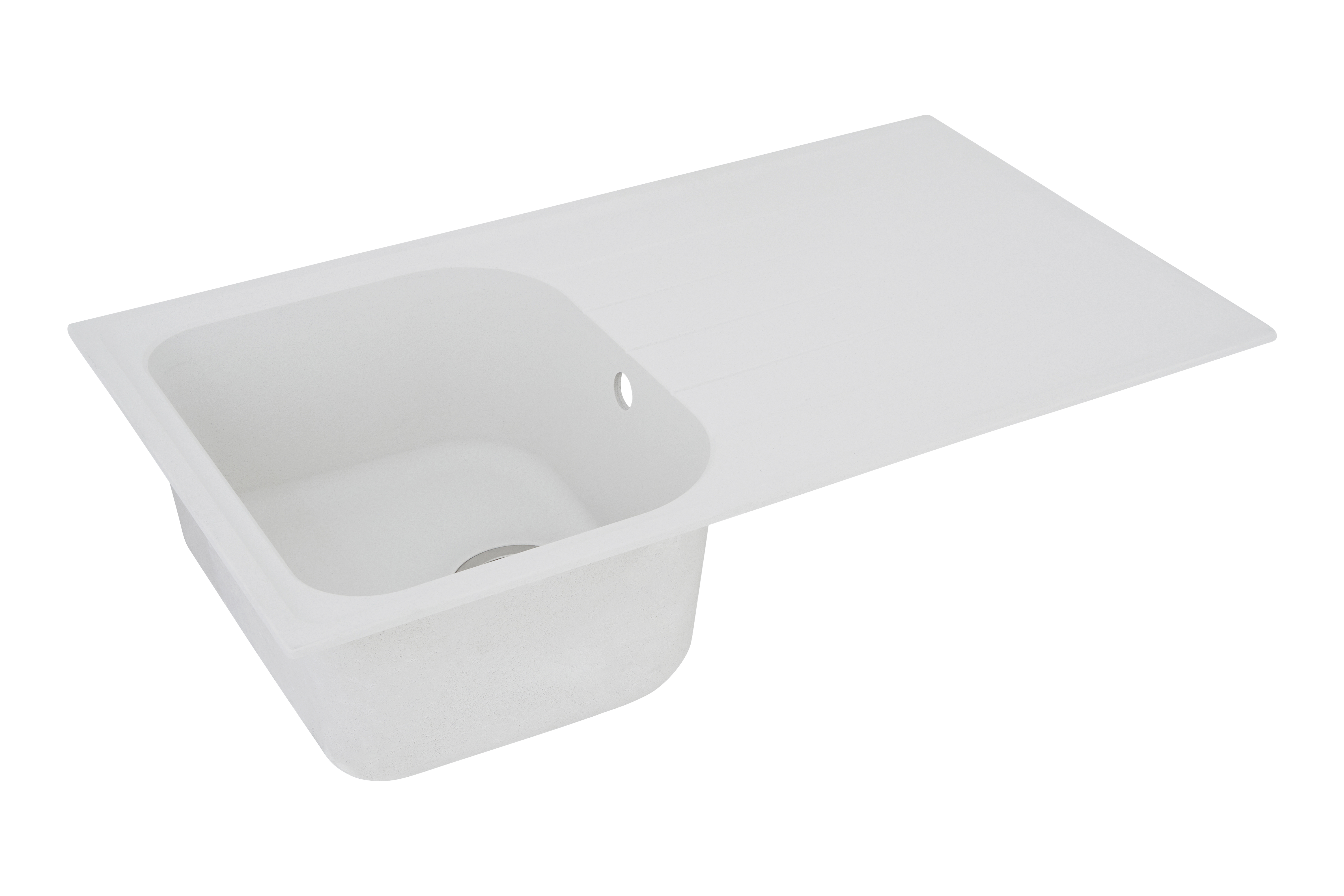 Ein weißes Waschbecken mit einem rechteckigen Becken und einer langen Abtropffläche. Die Abtropffläche befindet sich rechts.
