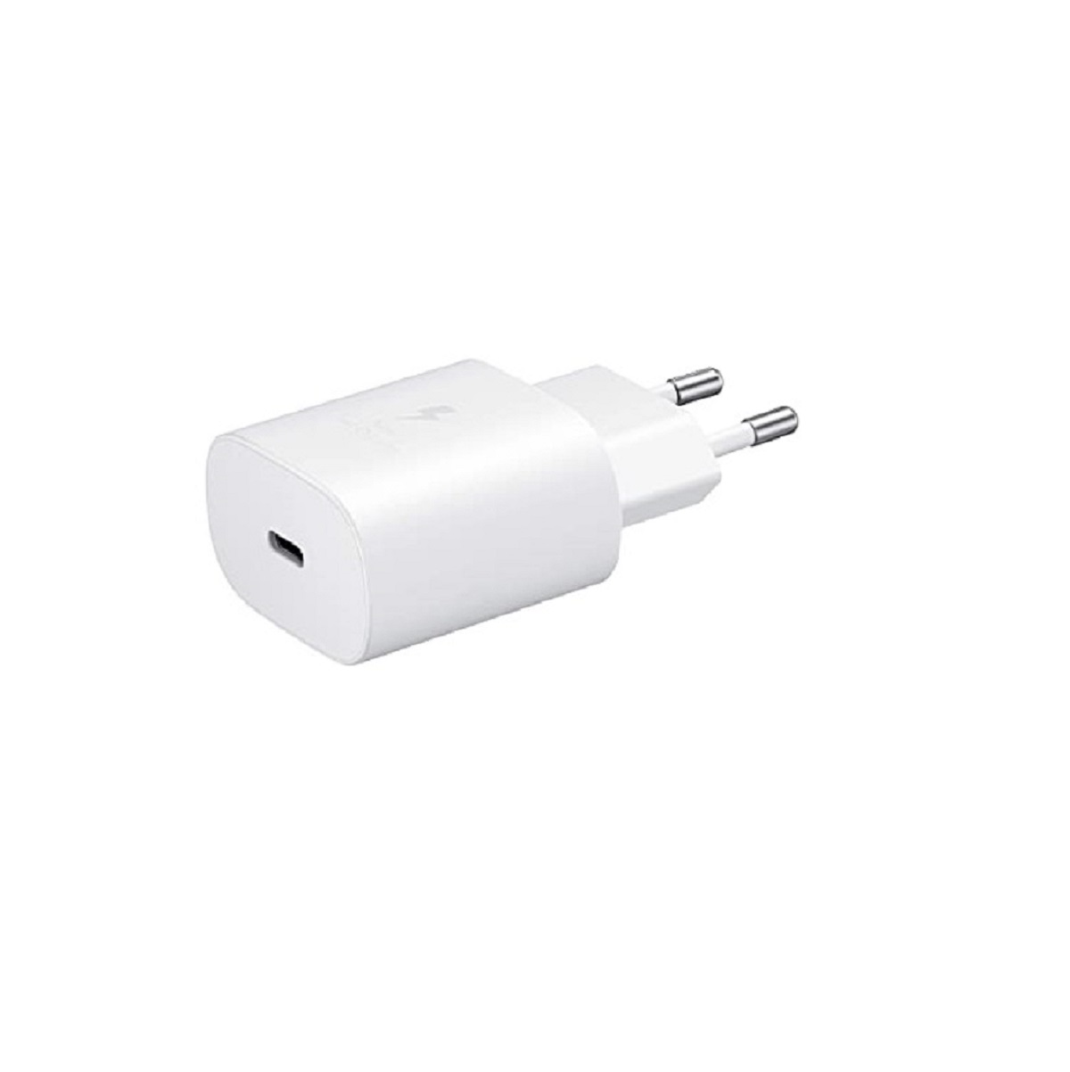 Ein weißes Ladegerät mit USB-C-Anschluss. Ein zweipoliger Stecker ist angebracht.