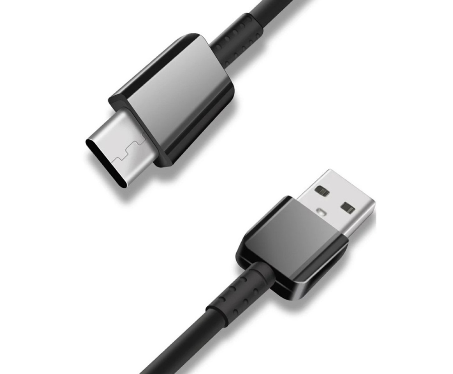 Nahaufnahme von USB-C- und USB-A-Kabeln in Schwarz mit silbernen Steckern vor weißem Hintergrund.
