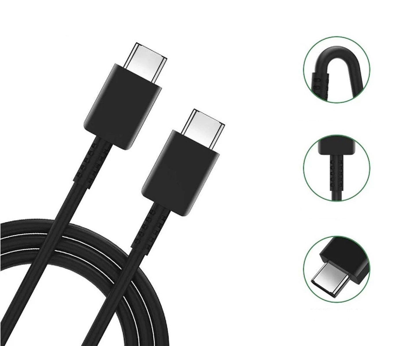 Schwarze USB-C-Kabel mit Anschlüssen. Das Bild zeigt Nahaufnahmen der Anschlüsse.