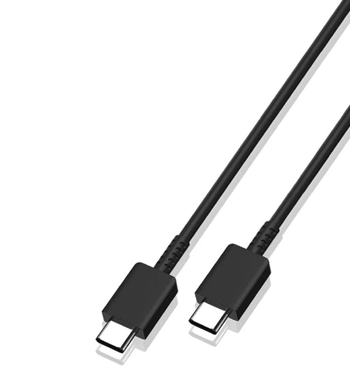 Schwarzes USB-C-Kabel. Zwei Anschlüsse am Ende. Weißer Hintergrund.