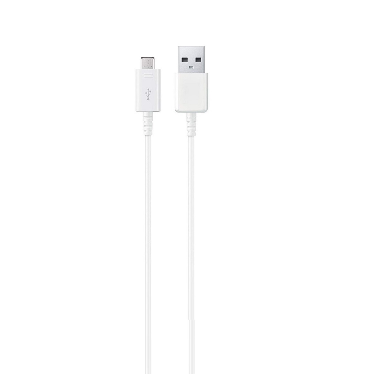 Weißes USB-Kabel. Ein Ende ist ein USB-A-Anschluss, das andere ein USB-C-Anschluss. Weißer Hintergrund.