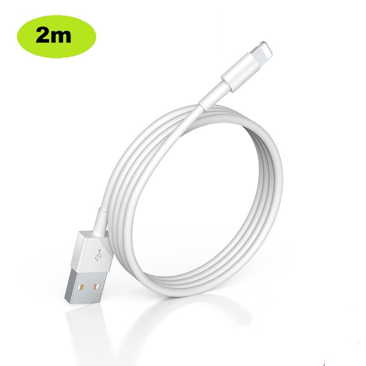 Weißes Ladekabel mit weißem USB-Anschluss und Lightning-Anschluss. Oben ist ein grünes 2m-Etikett.