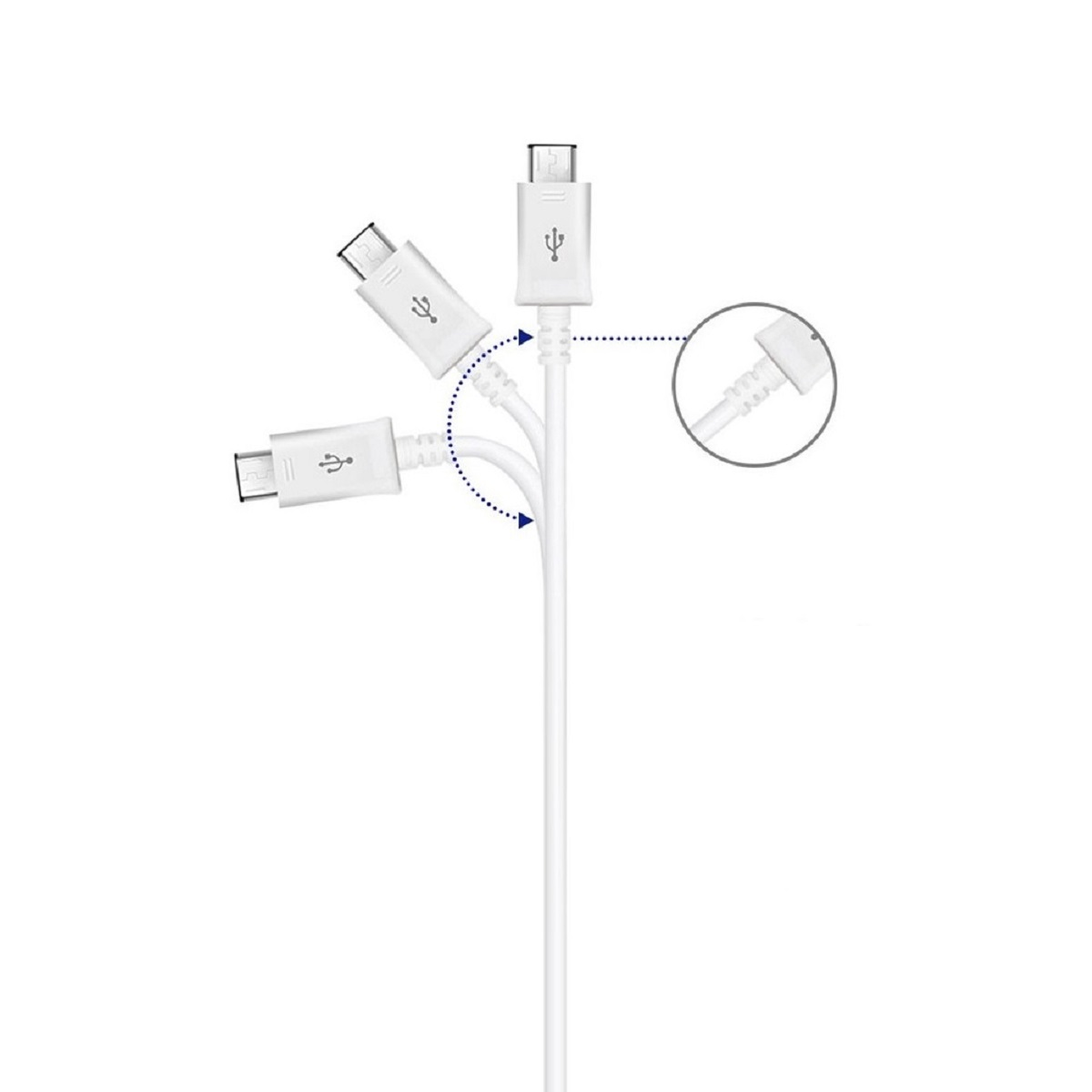Weiße USB-Kabel mit verschiedenen Anschlüssen.