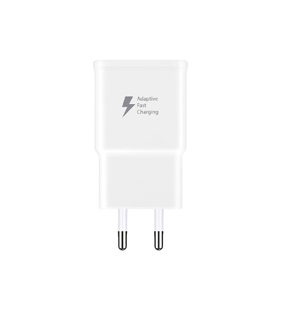 Weißes Samsung-Ladegerät mit zwei Stiften. Es ist mit 'Adaptive Fast Charging' bedruckt.