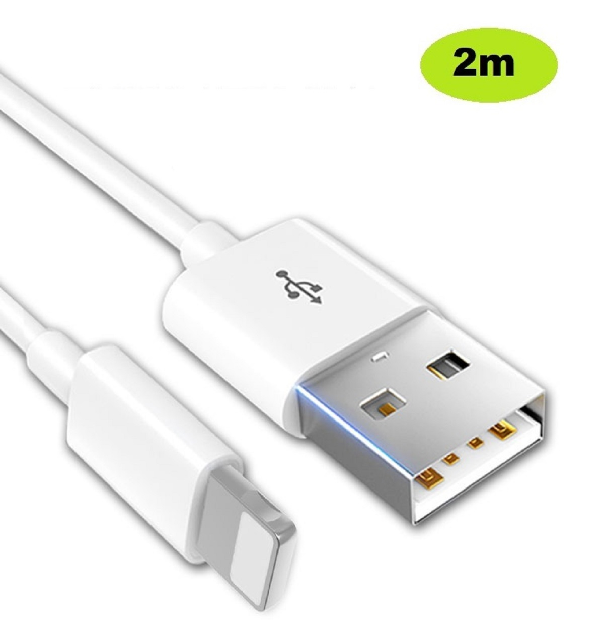Weißes USB-auf-Lightning-Kabel mit weißem Stecker und einem grünen 2m-Aufkleber.