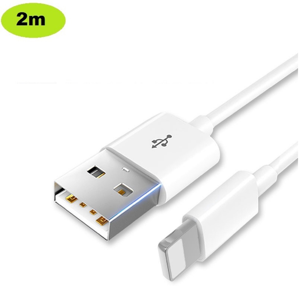 Weißes USB-Kabel mit USB-A- und Lightning-Anschluss, grünes '2m'-Etikett.