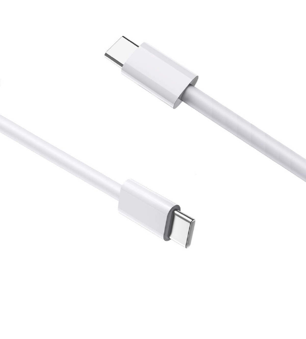 Zwei weiße USB-C-Kabel mit weißen Steckern, die auf einer weißen Oberfläche liegen.