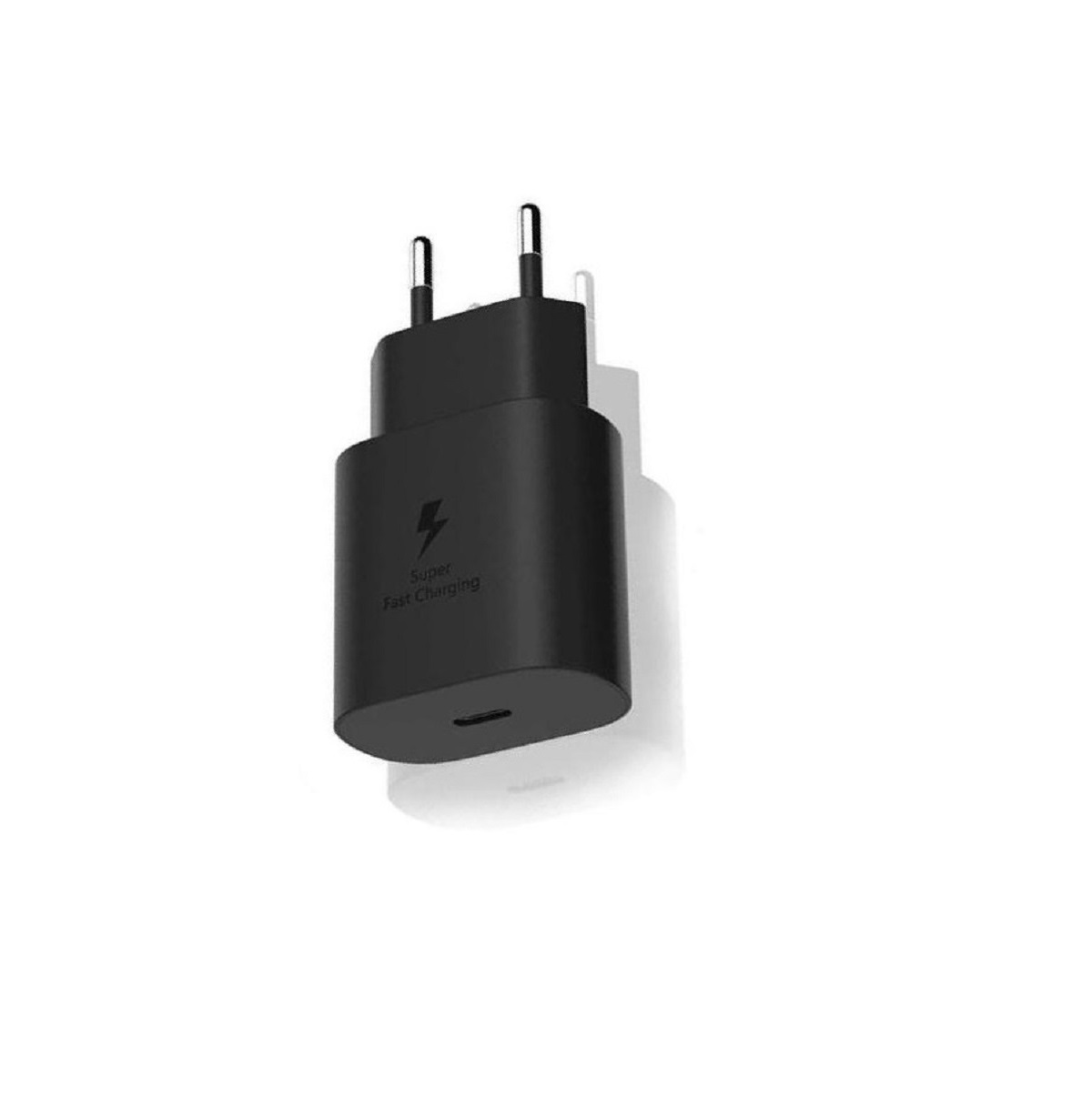 Schwarzes Telefonladegerät mit Ladeanschluss, beschriftet 'Super Fast Charging' auf weißem Grund.