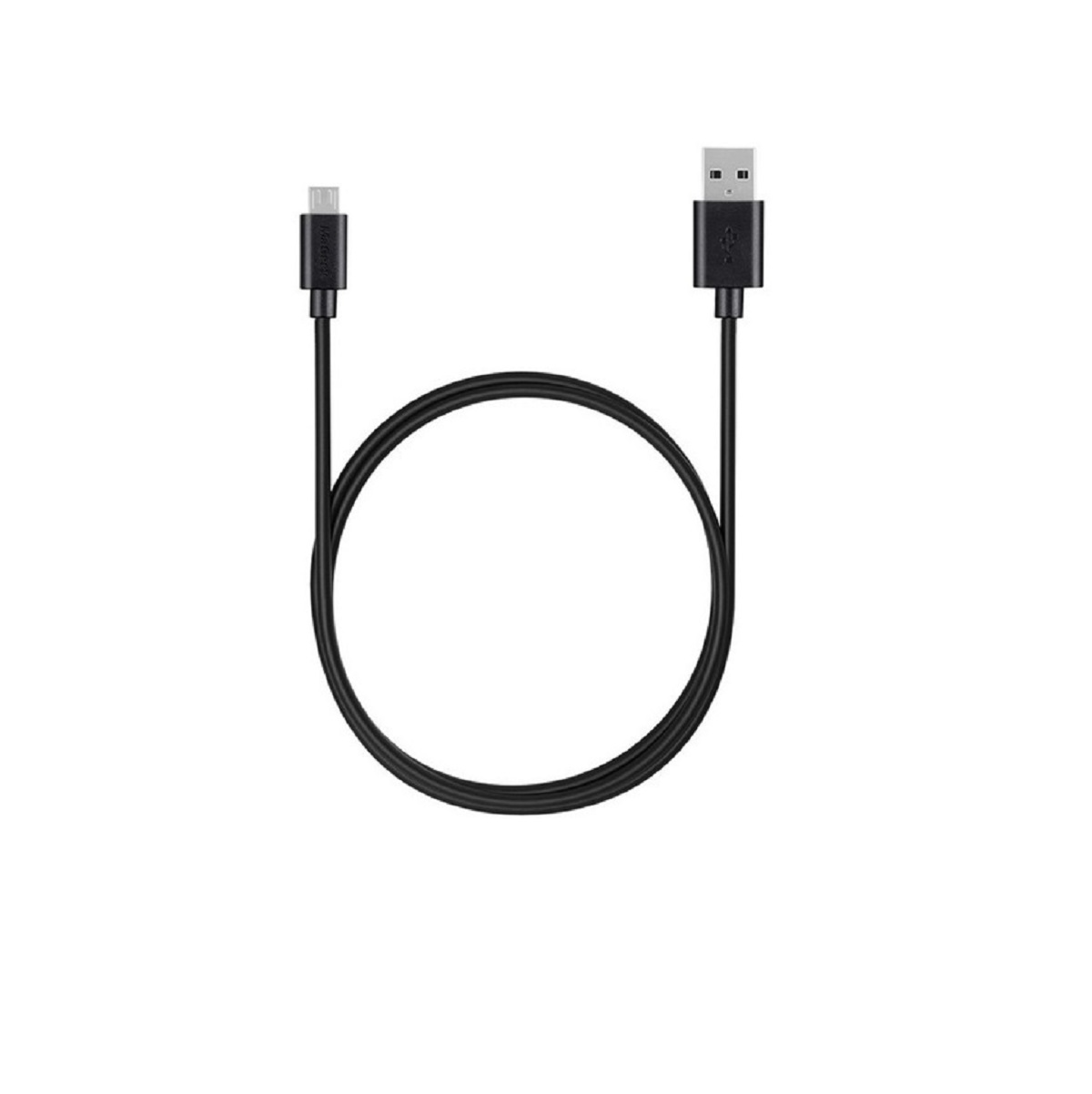Schwarzes USB-zu-Micro-USB-Kabel, U-förmig, vor weißem Hintergrund.