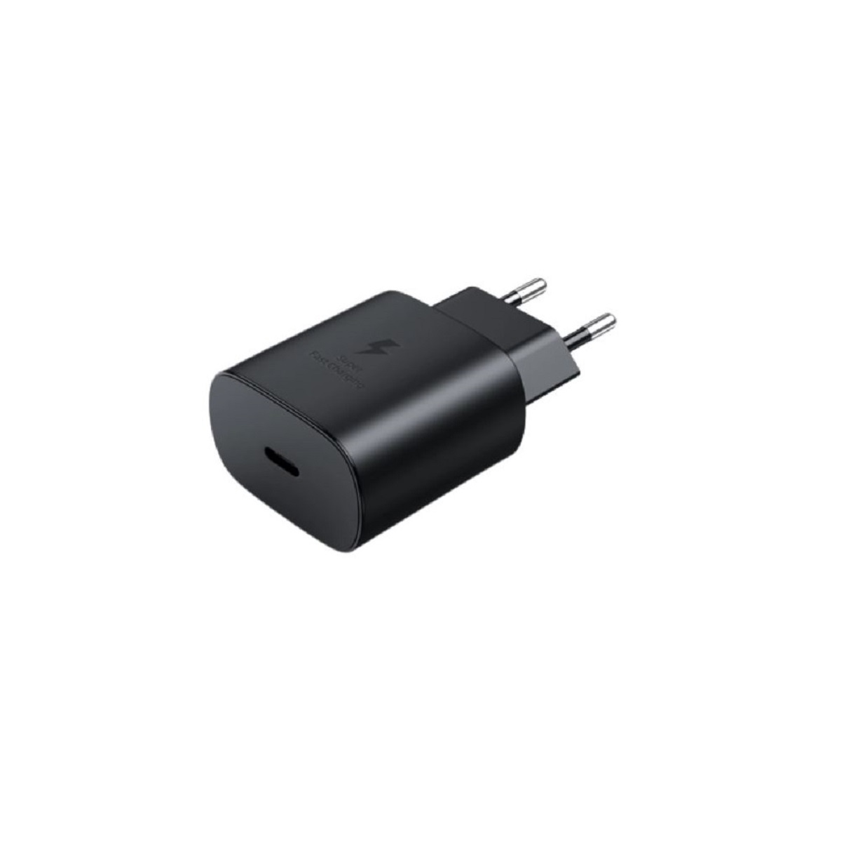 Ein schwarzes Telefonladegerät mit USB-C-Anschluss und Stiften für die Steckdose.