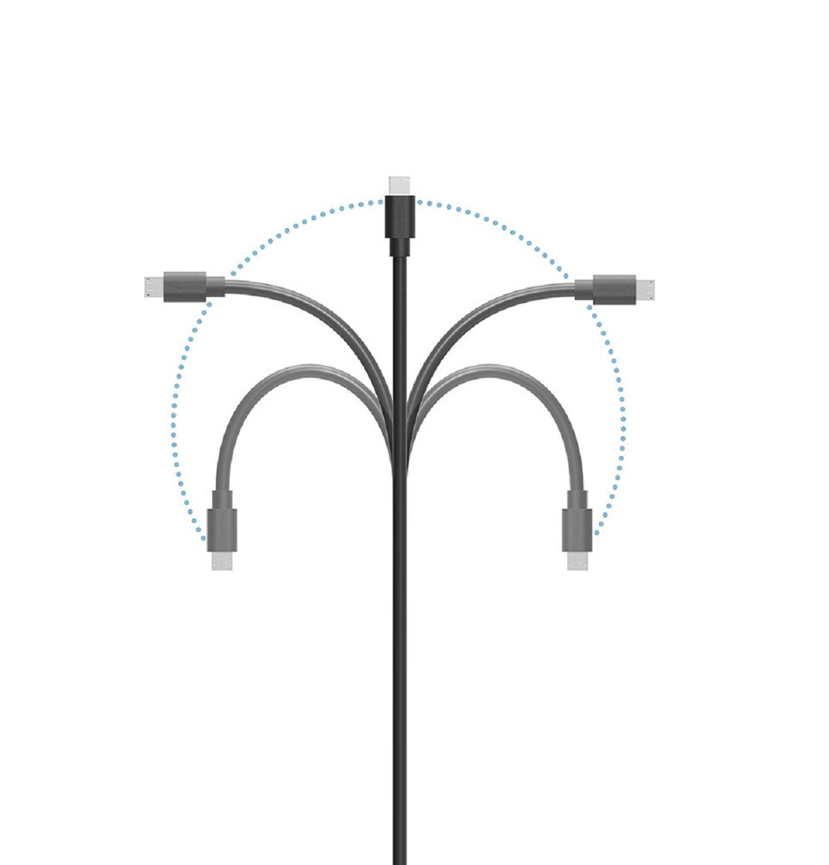 Mehrere schwarze USB-C-Kabel, die fächerförmig von einem zentralen Punkt ausgehen.
