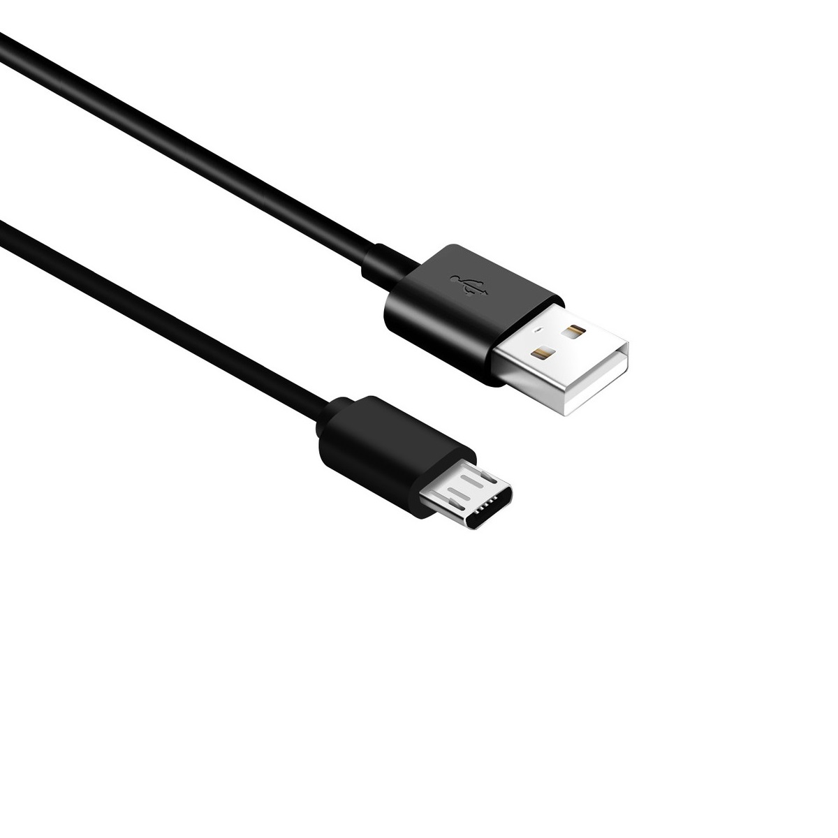 Schwarzes USB-zu-Micro-USB-Kabel. Das Kabel befindet sich vor einem weißen Hintergrund.