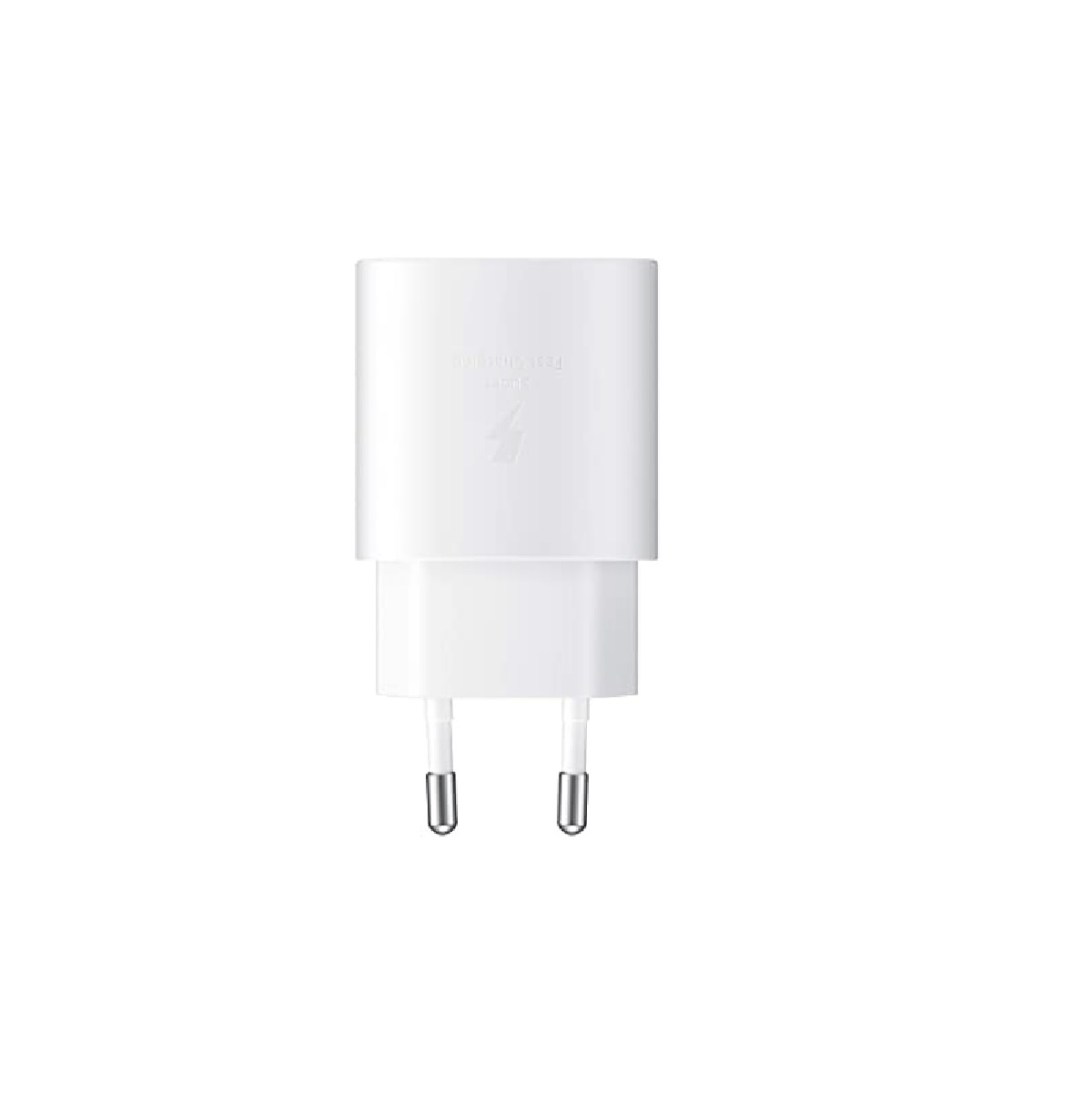 Weißes Samsung Ladegerät mit zwei Stiften. Einfaches Design, sauberer Hintergrund.
