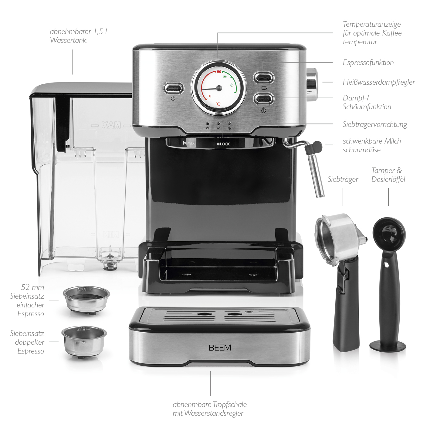 Ekspres do kawy z oznaczonymi częściami. Zawiera zbiornik na wodę, filtr i kolbę.