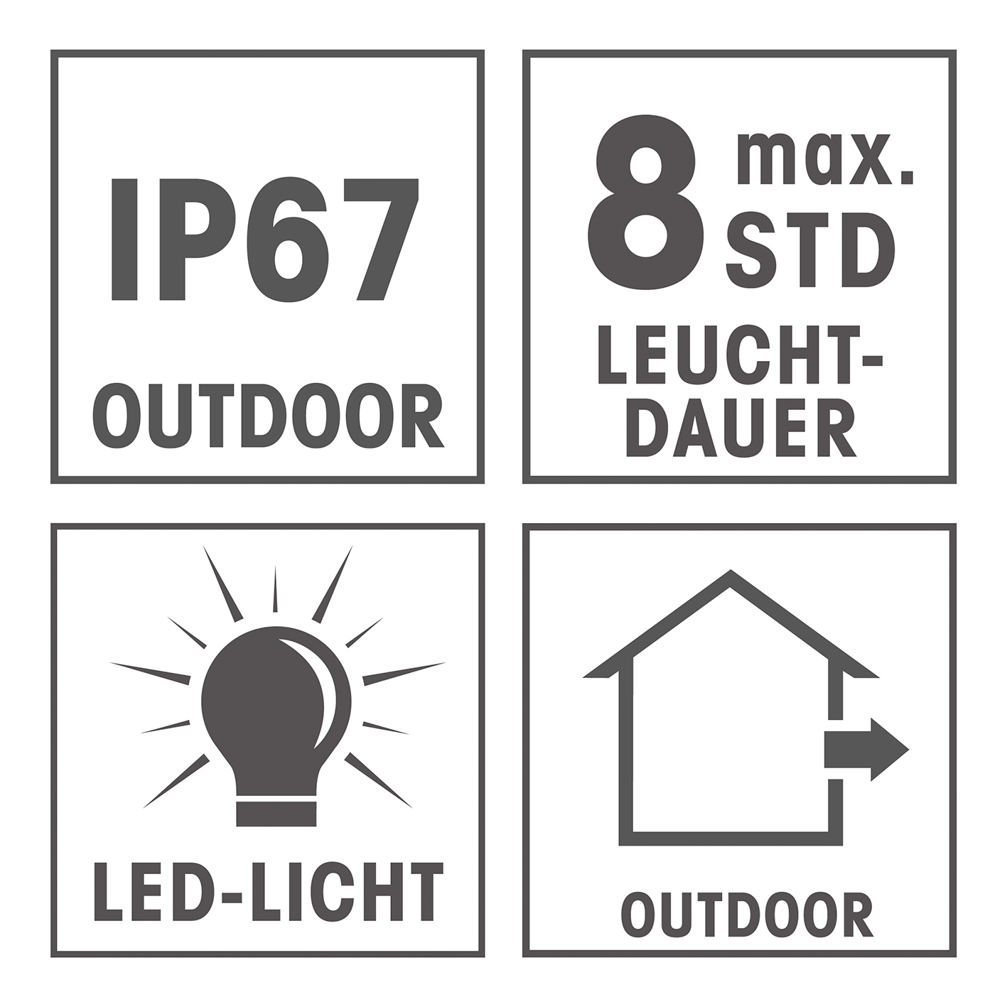 Vier quadratische Symbole: IP67 Outdoor, 8 max STD Leuchtdauer, LED-Licht und Outdoor mit Haussymbol.