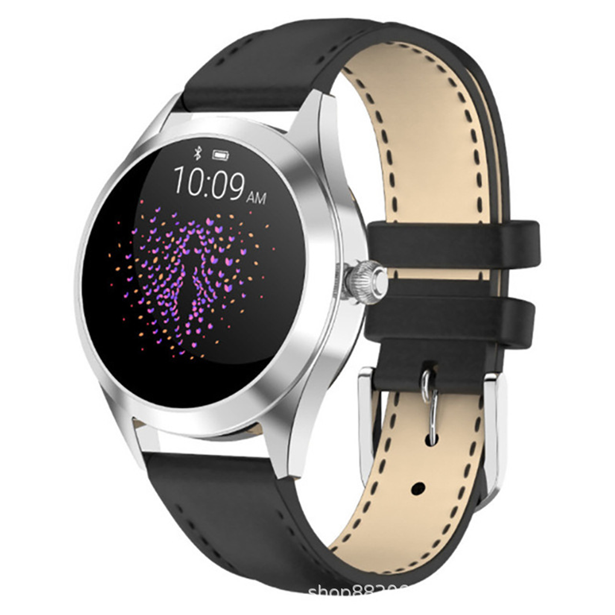 Eine silberne Smartwatch mit schwarzem Lederarmband. Der Bildschirm zeigt 10:09 Uhr und ein lilafarbenes Muster.
