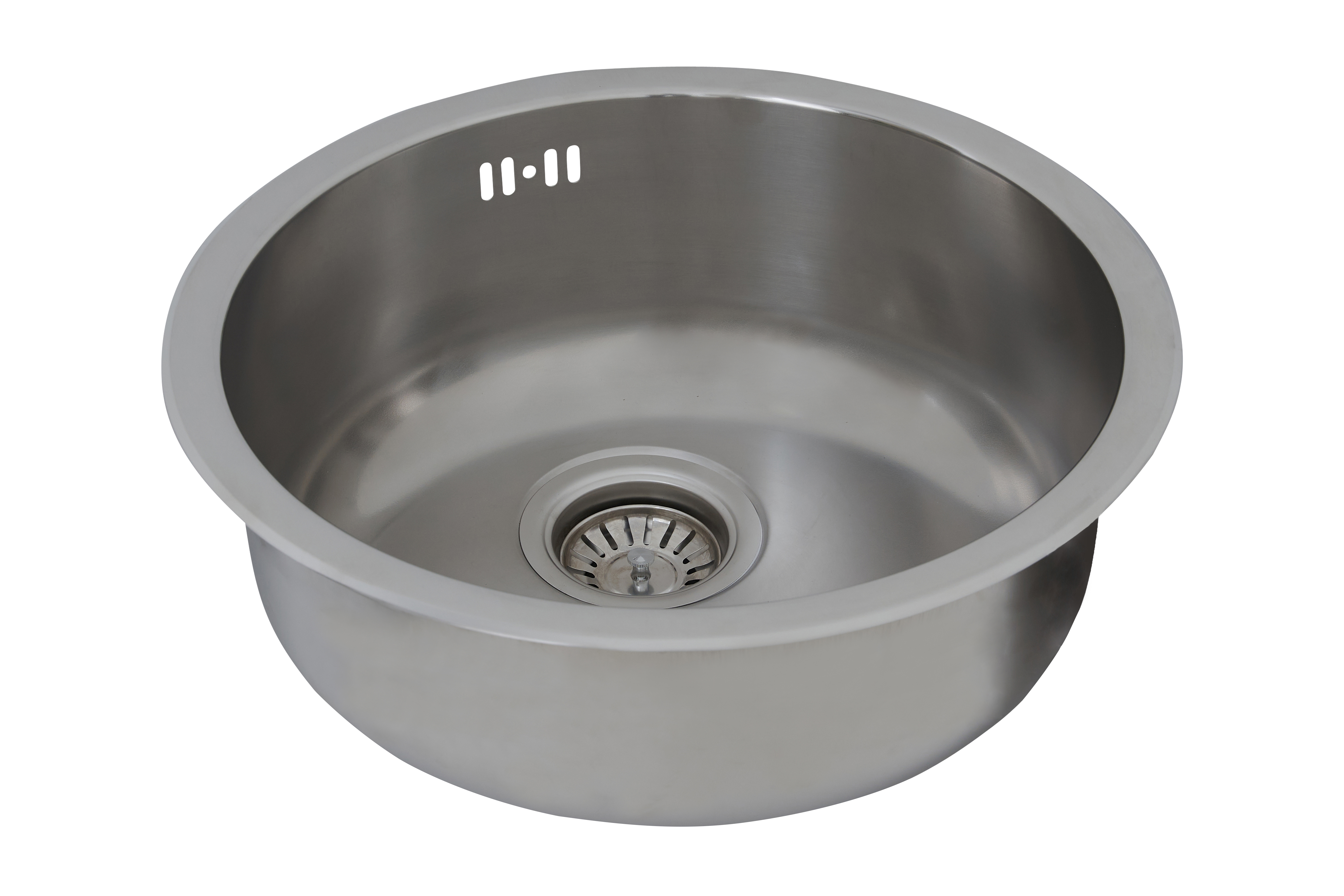 Ein Edelstahlbecken mit rundem Becken und leichtem Rand. Es hat ein kleines Abtropfbrett.