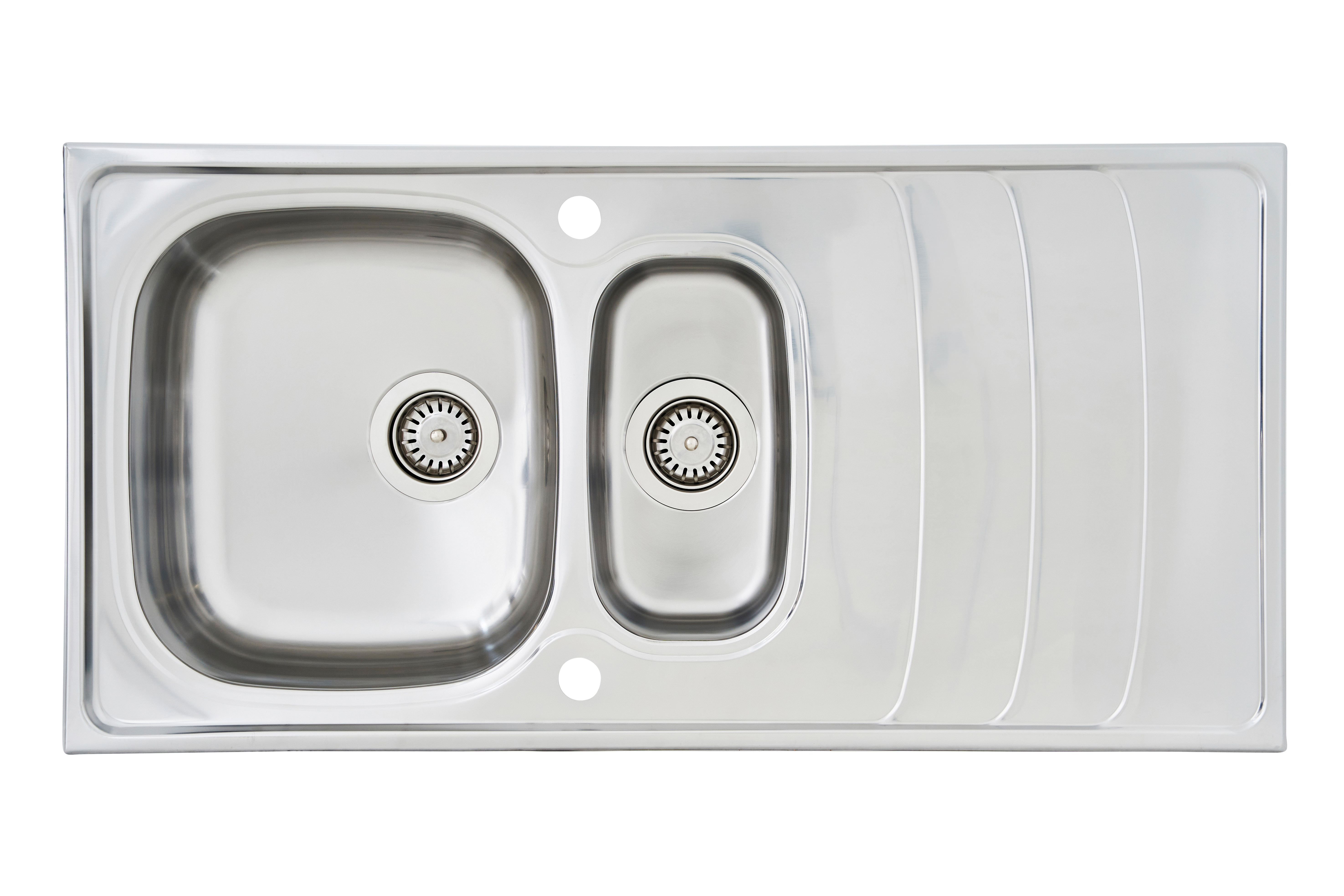 Ein Edelstahl-Küchenspülbecken mit zwei Becken und einer Abtropffläche. Das Becken ist rechteckig.