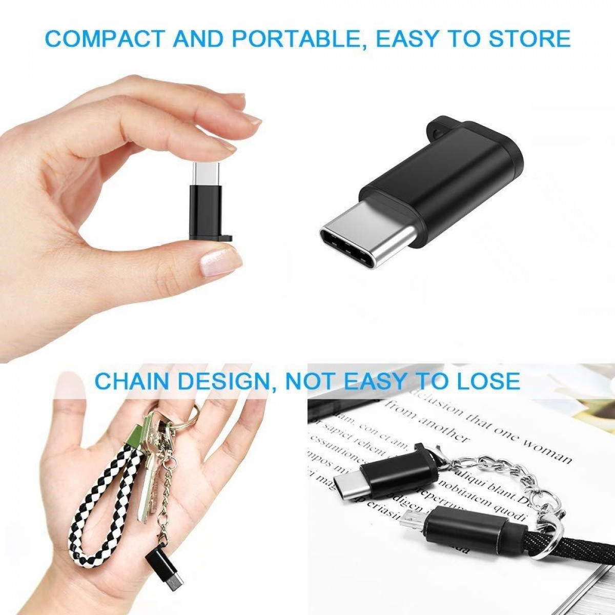 Bilder zeigen USB-C-Adapter, einen Schlüsselanhänger und ein Kabel. Text sagt: 'Kompakt und tragbar' und 'Kettendesign'.