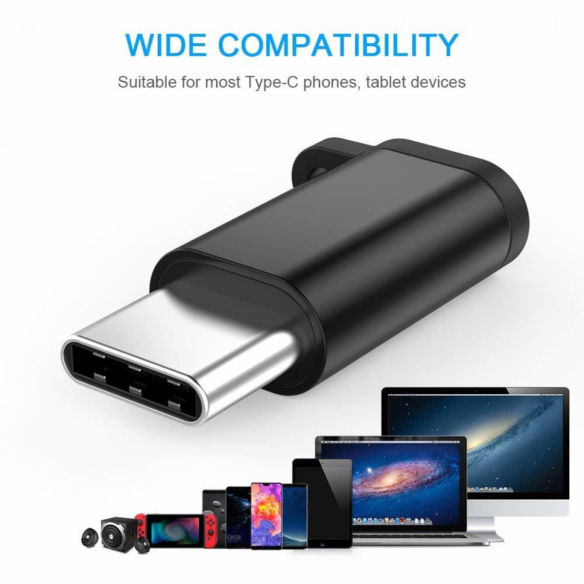 Schwarzer USB-C-Anschluss mit mehreren Geräten. Text: BREITE KOMPATIBILITÄT. Geeignet für die meisten Typ-C-Telefone.