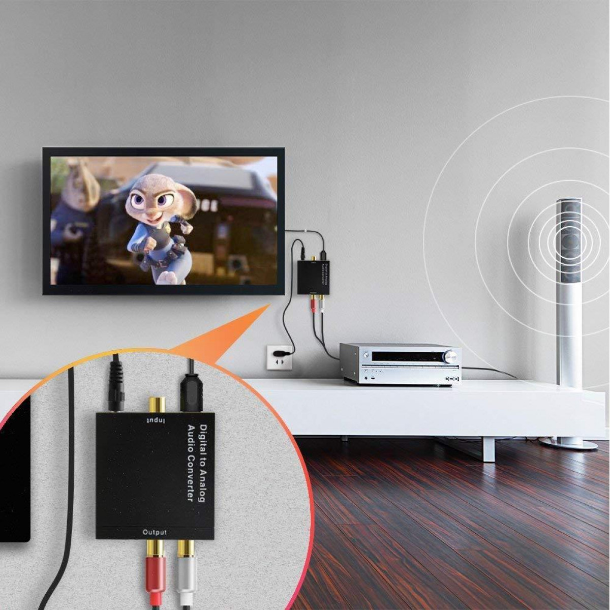 Telewizor wyświetla kreskówkę. Konwerter audio łączy się z telewizorem, odbiornikiem i kablami audio.