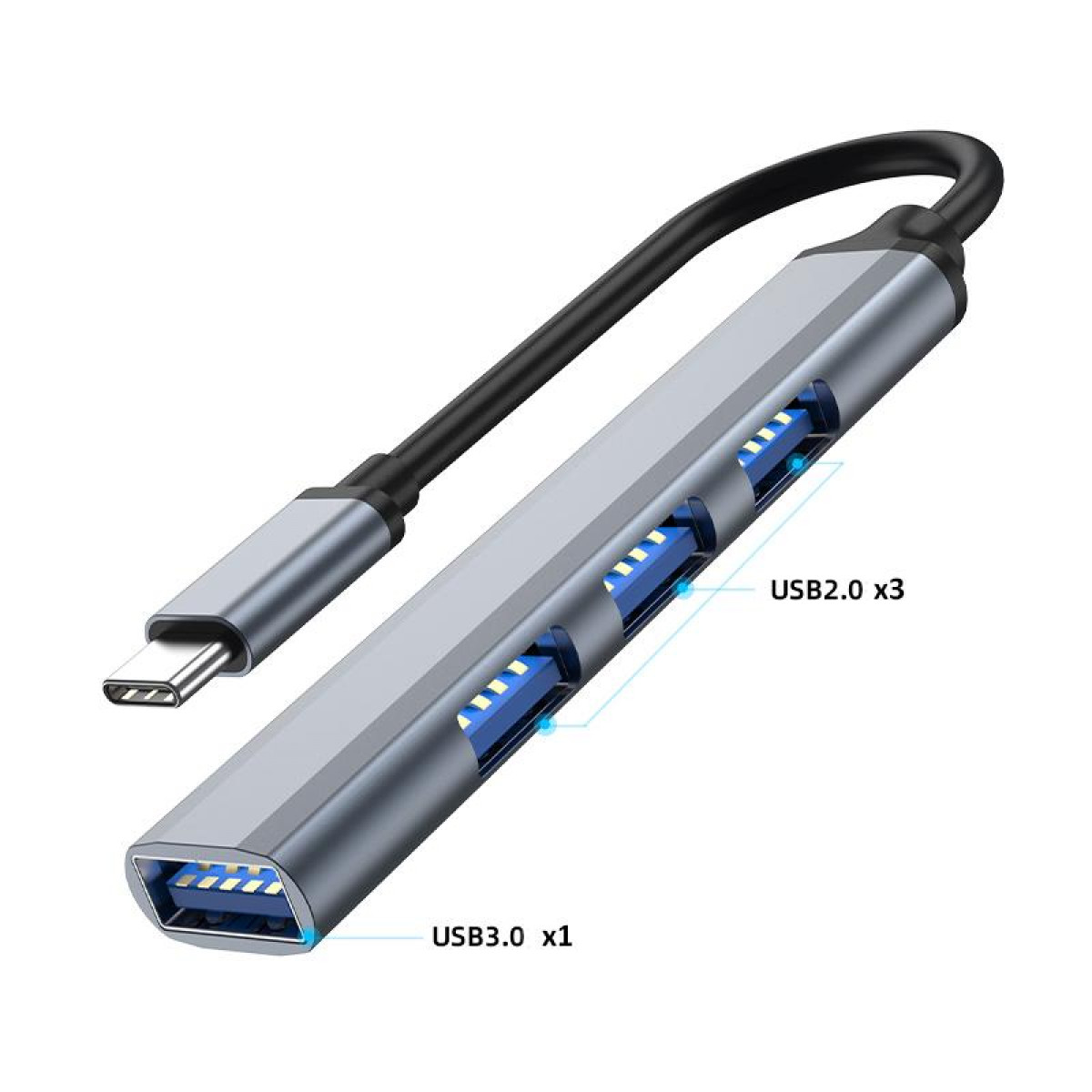 Silberner USB-Hub mit USB-C-Anschluss und drei USB 2.0-Anschlüssen und einem USB 3.0-Anschluss.
