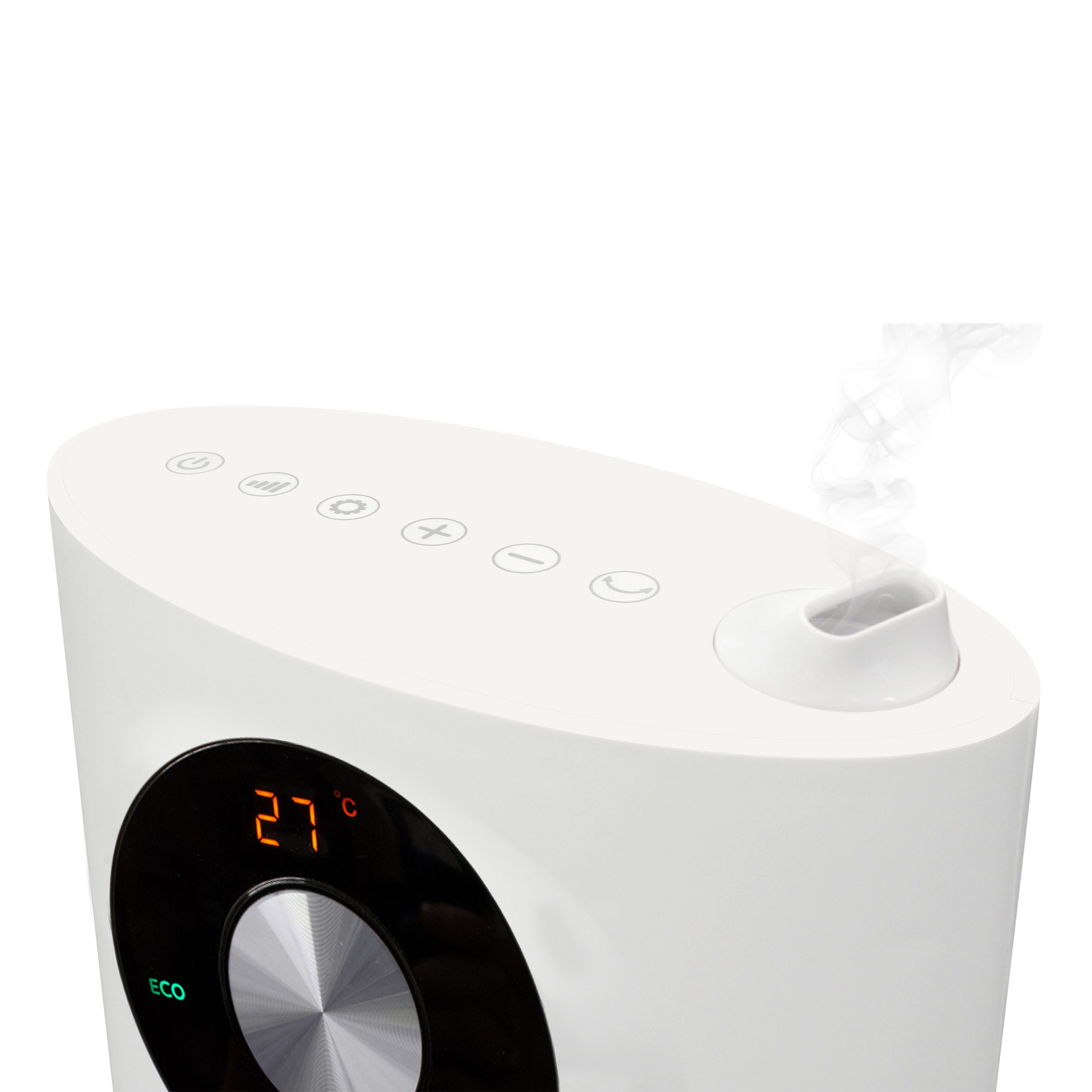 Humidificador blanco con pantalla digital que muestra 27 grados Celsius.