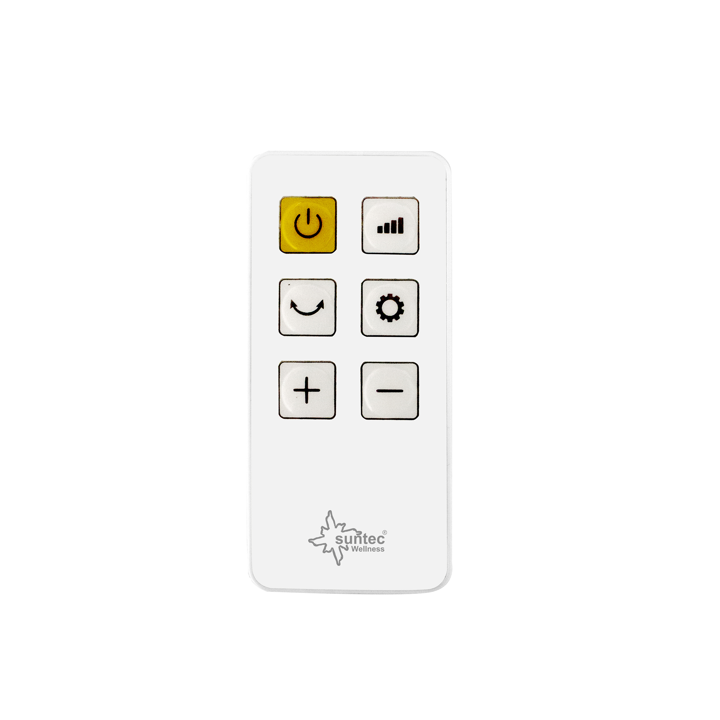 Mando blanco con botones: encendido/apagado, ajustes, arriba/abajo y más.