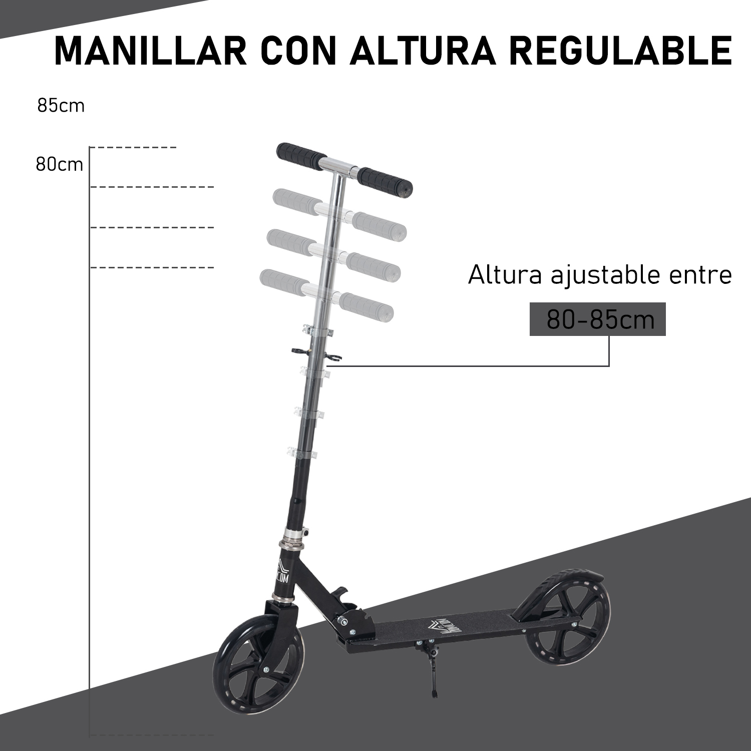 Scooter negro con marcas de altura ajustable. El scooter tiene ruedas negras y una base negra.