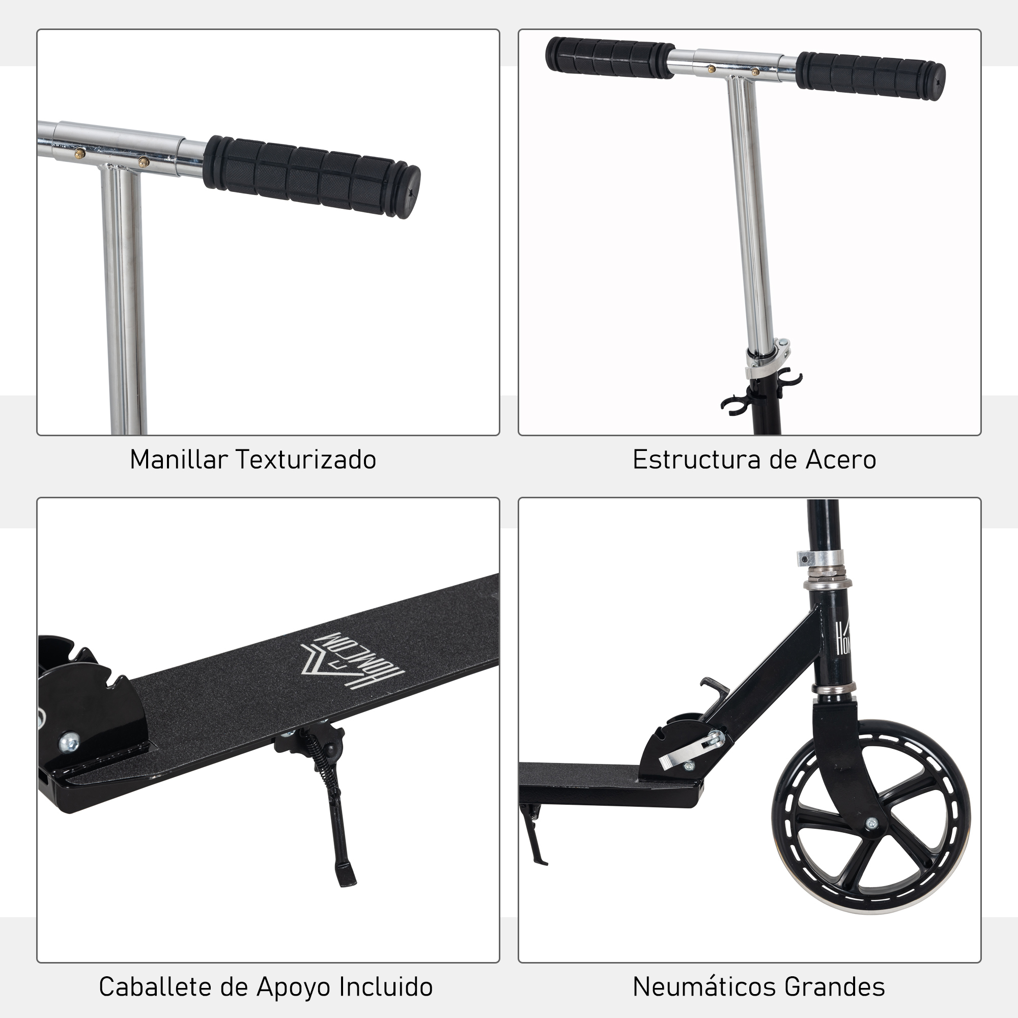 Primeros planos de partes de scooter: manillar, marco de acero, reposapiés y rueda.