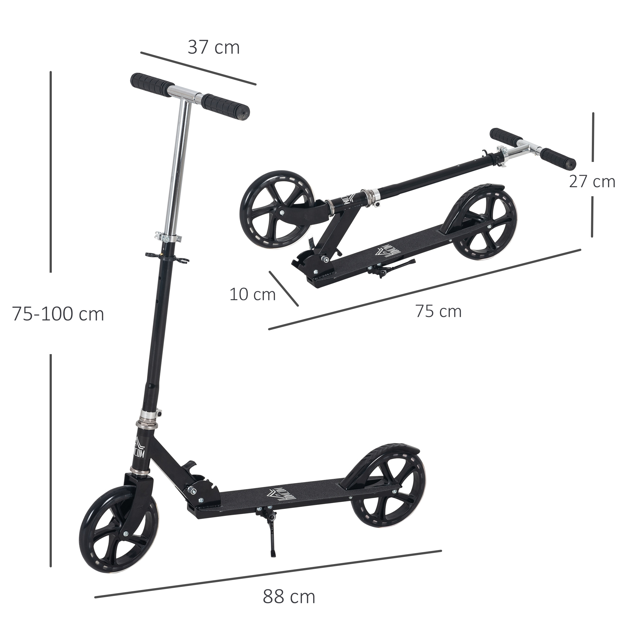 Patinete negro con medidas. Plegado y desplegado. Ruedas y manillar negros.