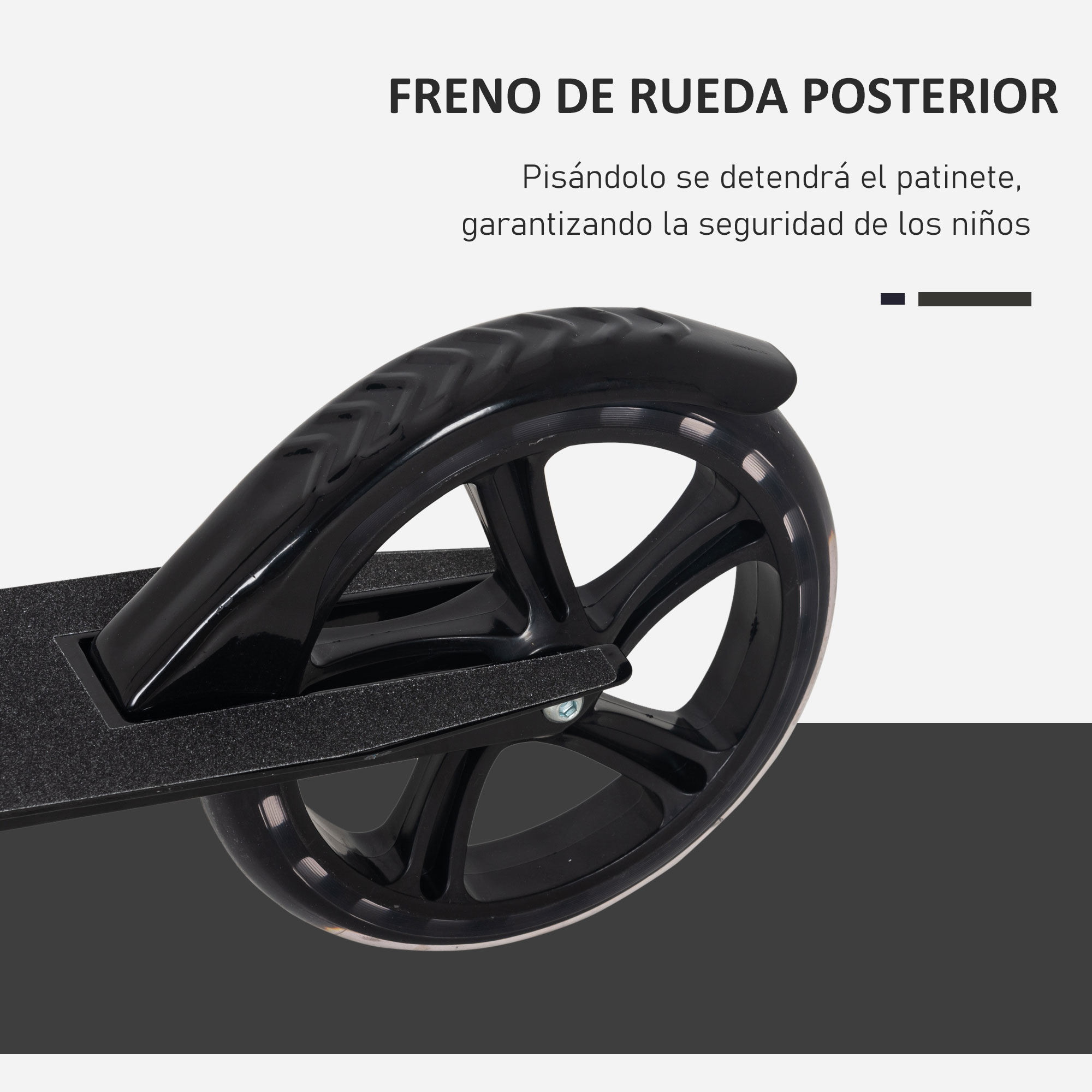 Rueda de patinete con freno. Rueda y freno de patinete negros. Texto en español.