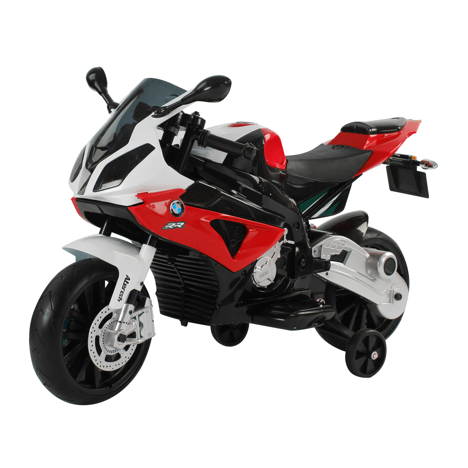 Moto giocattolo: Colori rosso, nero e bianco. Caratteristiche ruote di supporto e un cupolino.