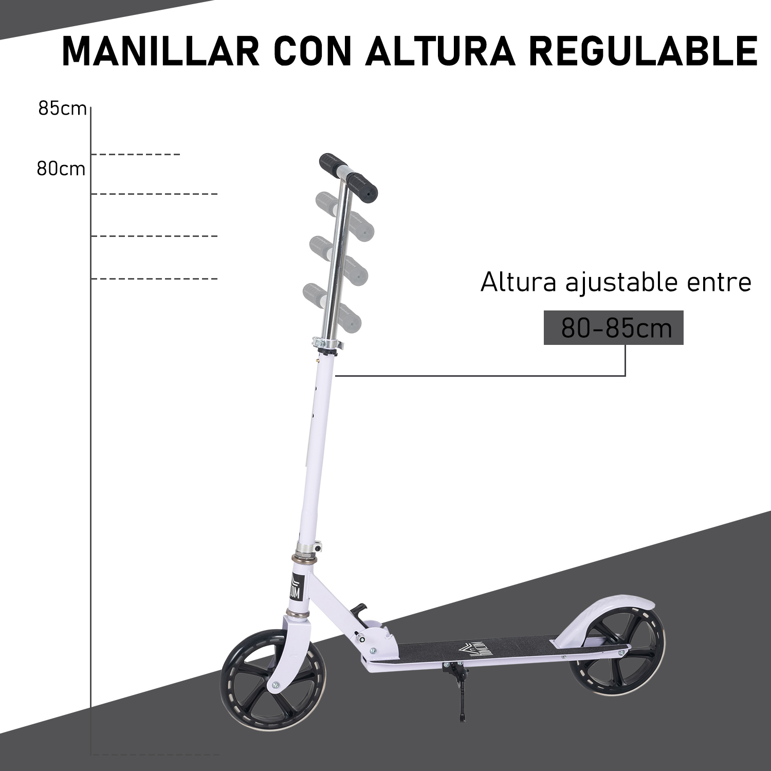 Un patinete blanco con ruedas negras y reposapiés negro. Altura ajustable entre 80-85 cm.