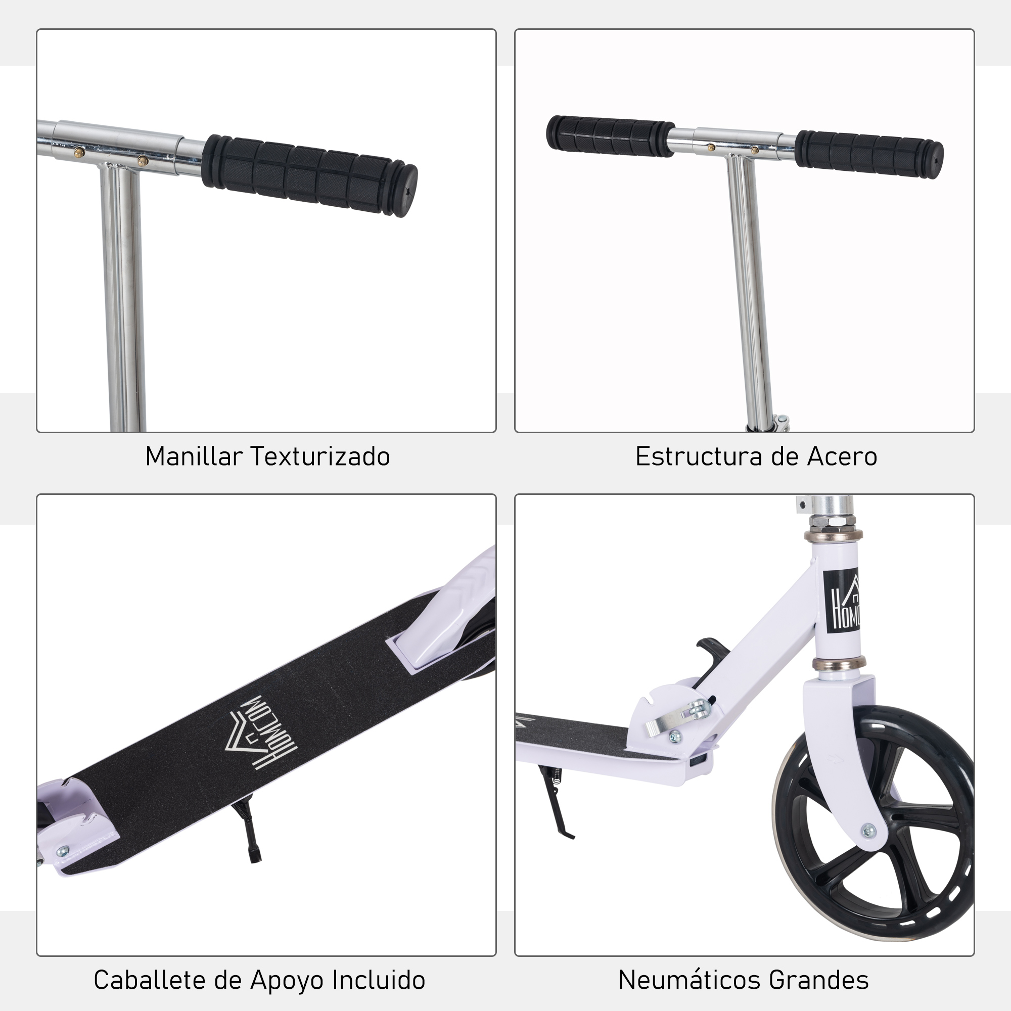 Primeros planos de un patinete blanco y negro que muestran el manillar, la plataforma, el soporte y las ruedas.