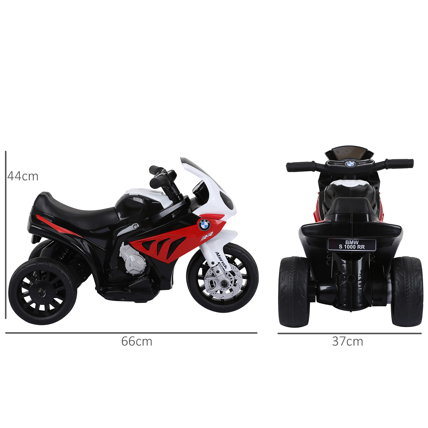 Una moto de juguete roja y blanca con ruedas negras, se muestran las dimensiones en cm.