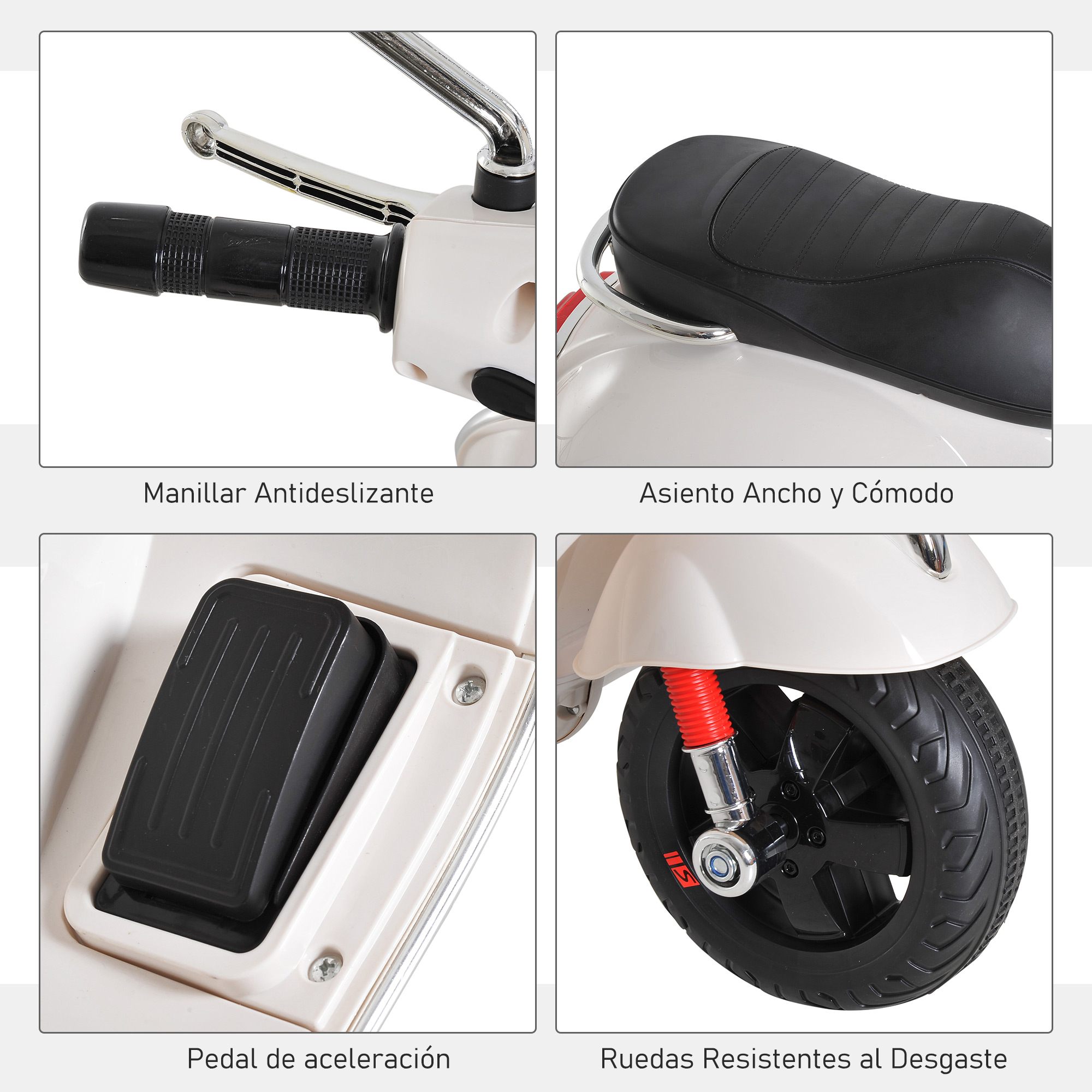 Scooter de juguete blanco con detalles negros. Incluye manillar, asiento, pedal y rueda.