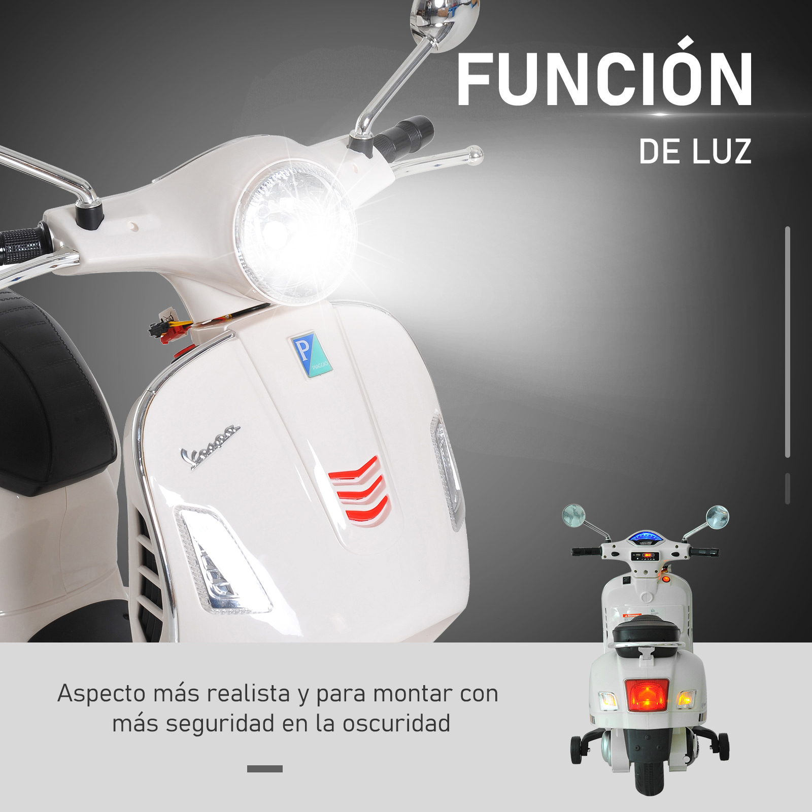 Escúter Vespa blanco con luces encendidas, más una imagen mostrando las luces traseras.