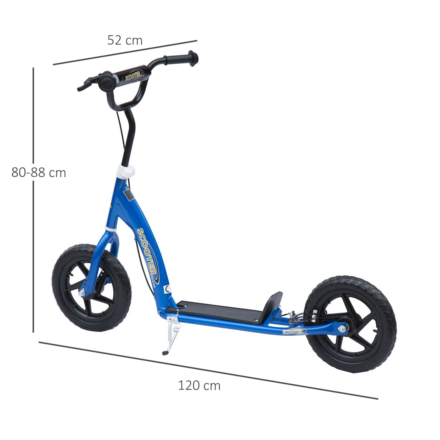 Scooter azul con ruedas negras y manillar negro, con dimensiones indicadas.