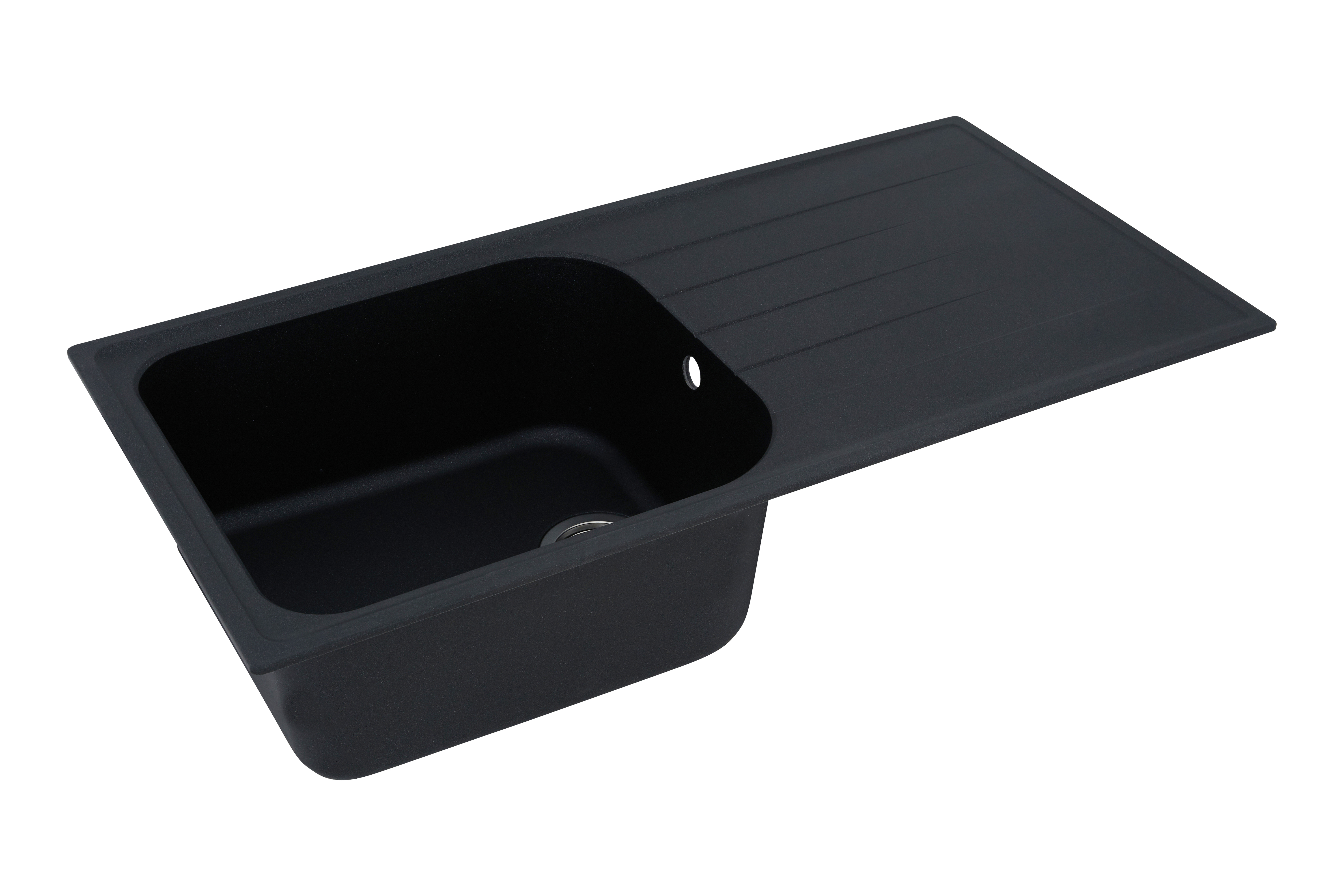 Schwarze Küchenspüle mit Abtropfbrett. Das Waschbecken ist rechteckig mit einem einzelnen Becken. Das Abtropfbrett ist flach.